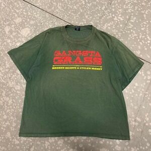 Vintage y2k Gangsta Grass Graphic T Shirt 2XL Green Broken Hearts Stolen Money